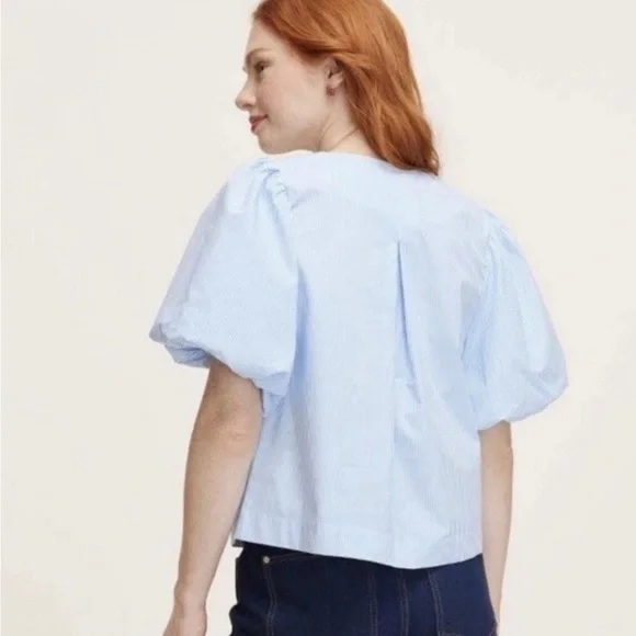 Kate Spade Target White Blue Stripe Puff Sleeve Bows Coastal Preppy Blouse L NWT - Picture 2 of 10
